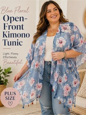 Blue Floral Open-Front Kimono Tunic